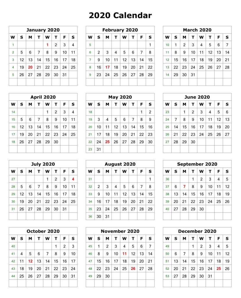 2020 One Page Portrait Calendar Printable Calendar Design Monthly 