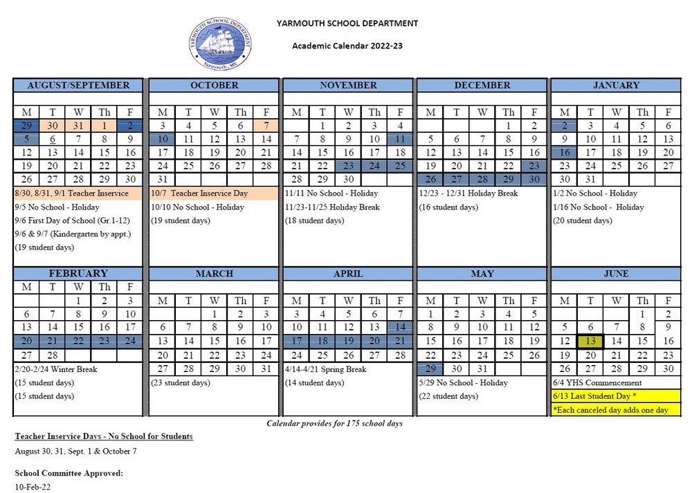 2022 2023 Academic Calendar Approved YARMOUTH SCHOOL DEPARTMENT