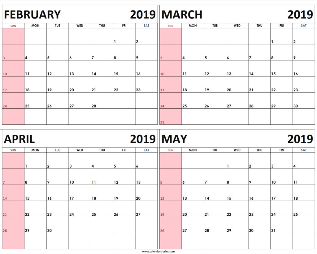 4 Month February To May 2019 Calendar Template Free Calendar Template 