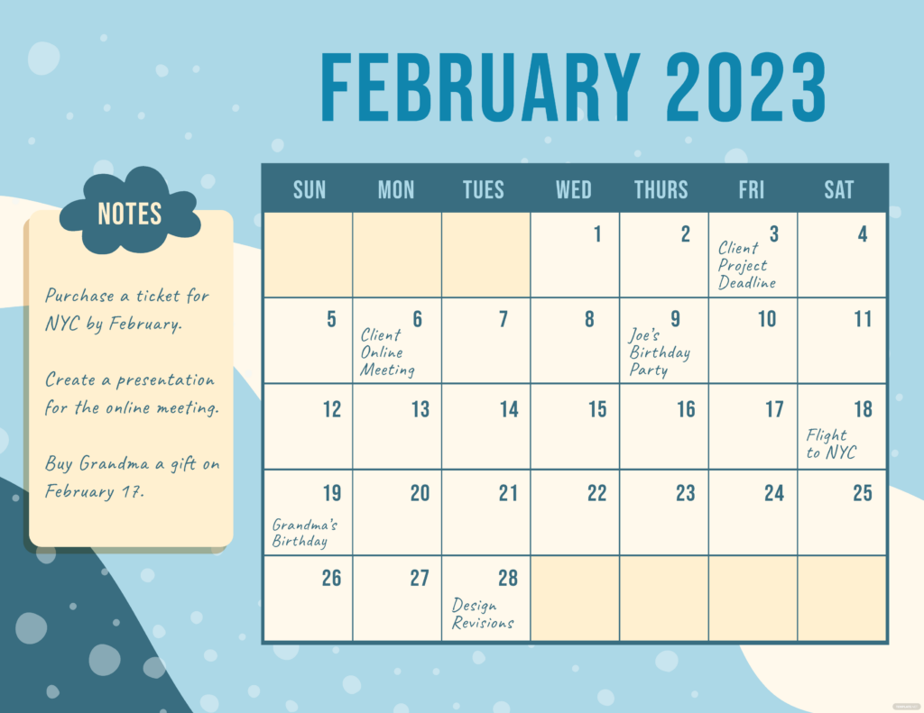 Blue February 2023 Calendar Template Google Docs Illustrator Word 