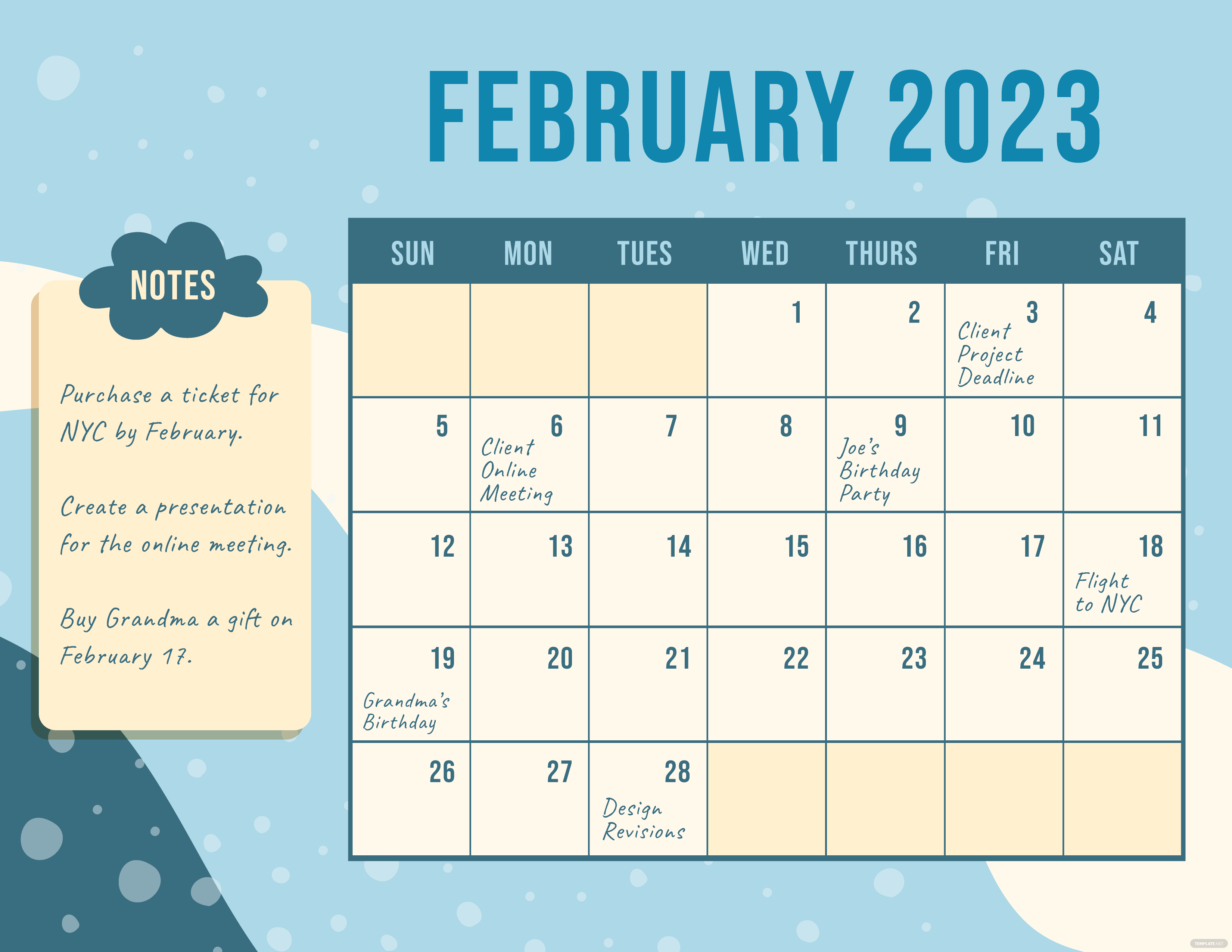 Blue February 2023 Calendar Template Google Docs Illustrator Word