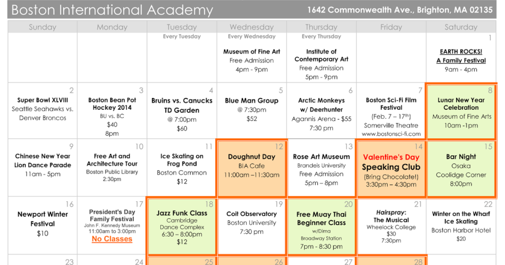 Boston International Academy February Activity Calendar