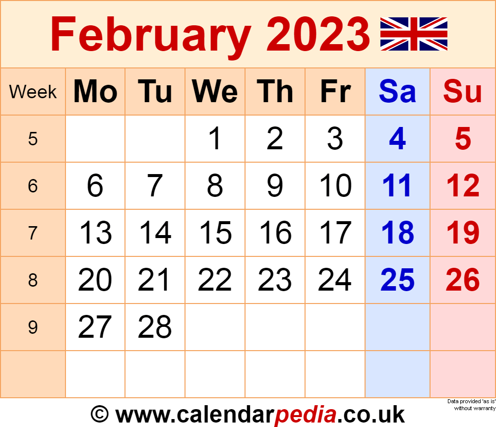 Calendar February 2023 UK With Excel Word And PDF Templates