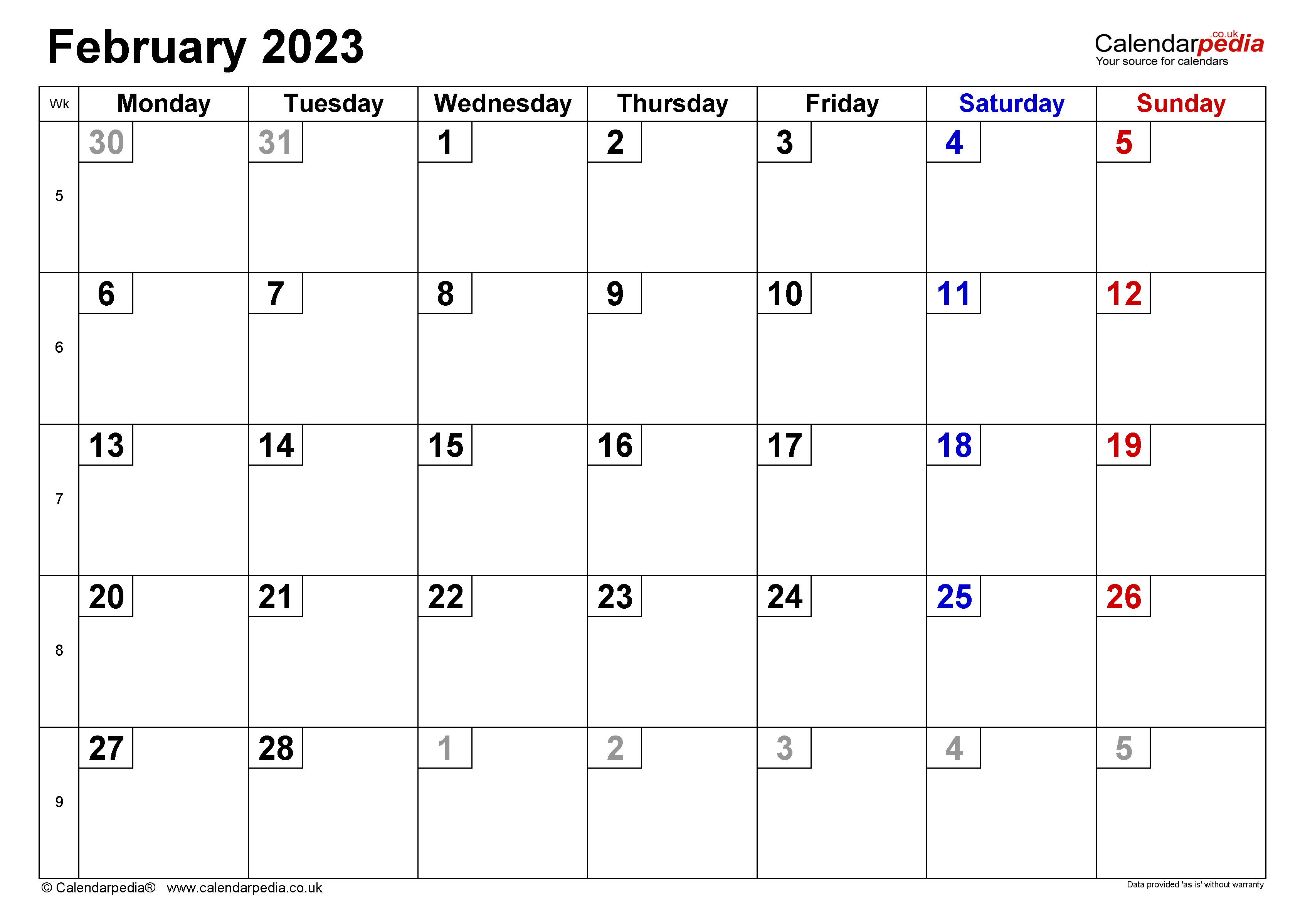 Calendar February 2023 UK With Excel Word And PDF Templates