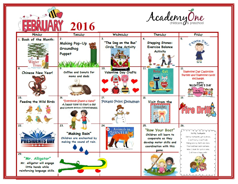 Calendar Of Events February AcademyOne Childcare Preschool