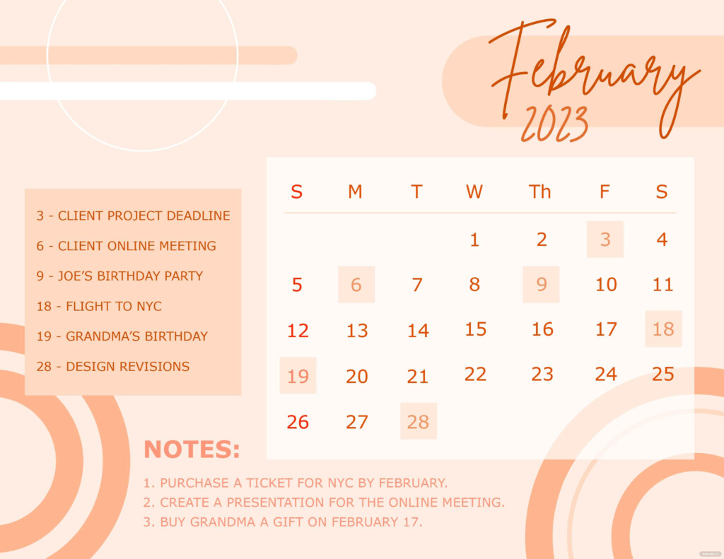 Calligraphy February 2023 Calendar Google Docs Illustrator Word 