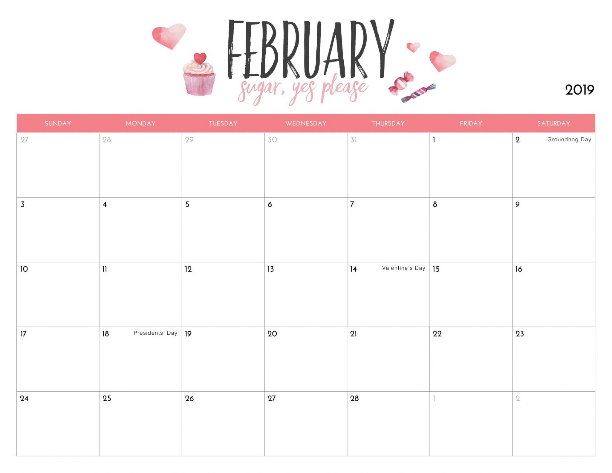 Cute February 2019 Calendar Printable feb february2019