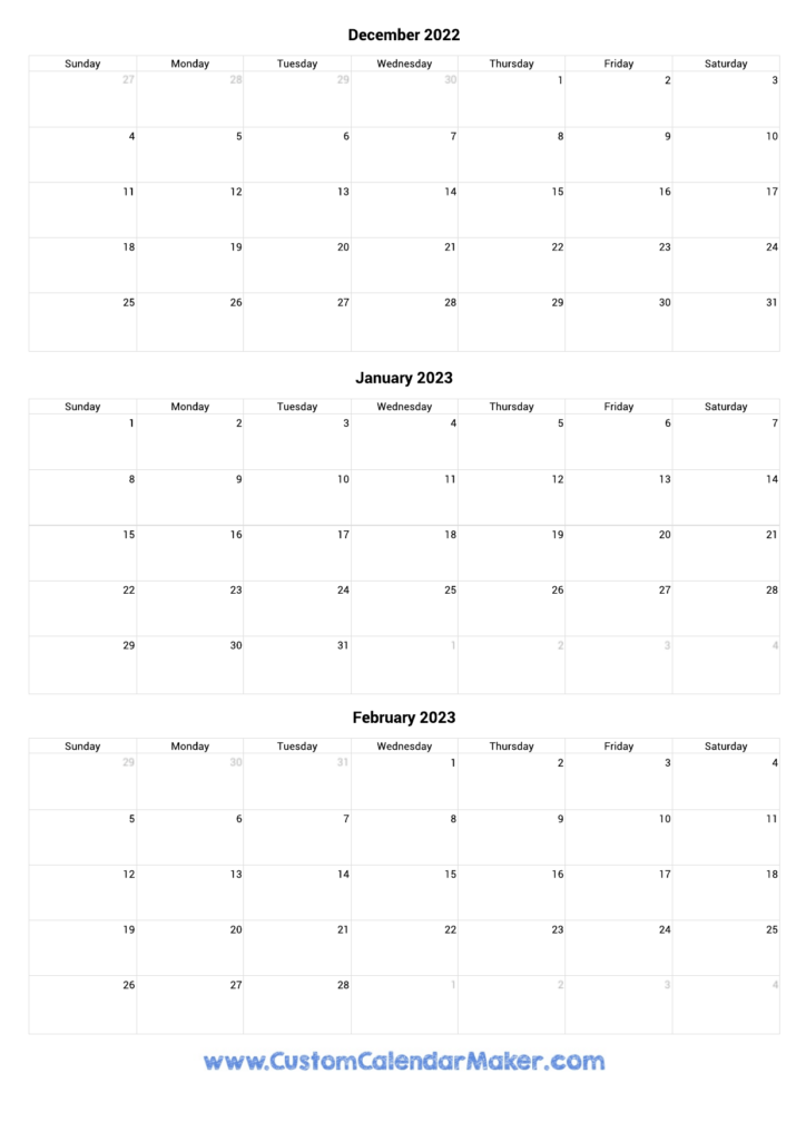 December 2022 To February 2023 Printable Calendar