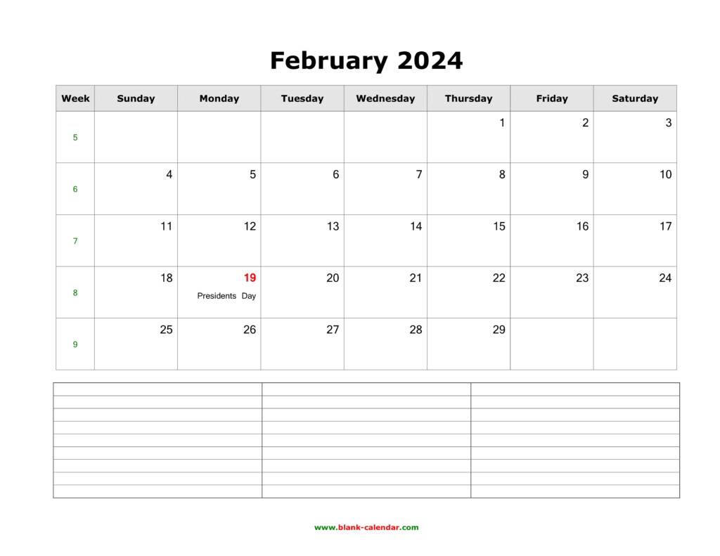 Download February 2024 Blank Calendar With Space For Notes horizontal 