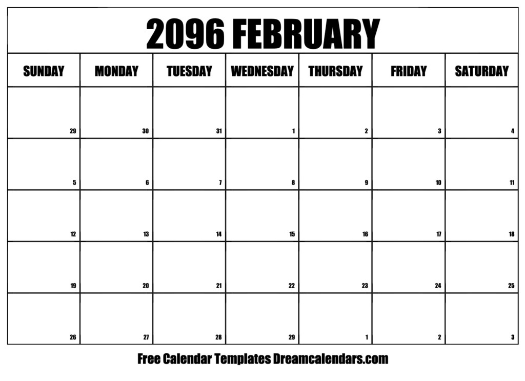 Download Printable February 2096 Calendars