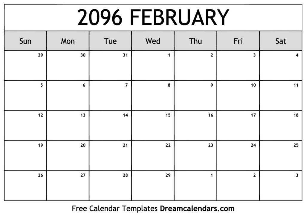 Download Printable February 2096 Calendars