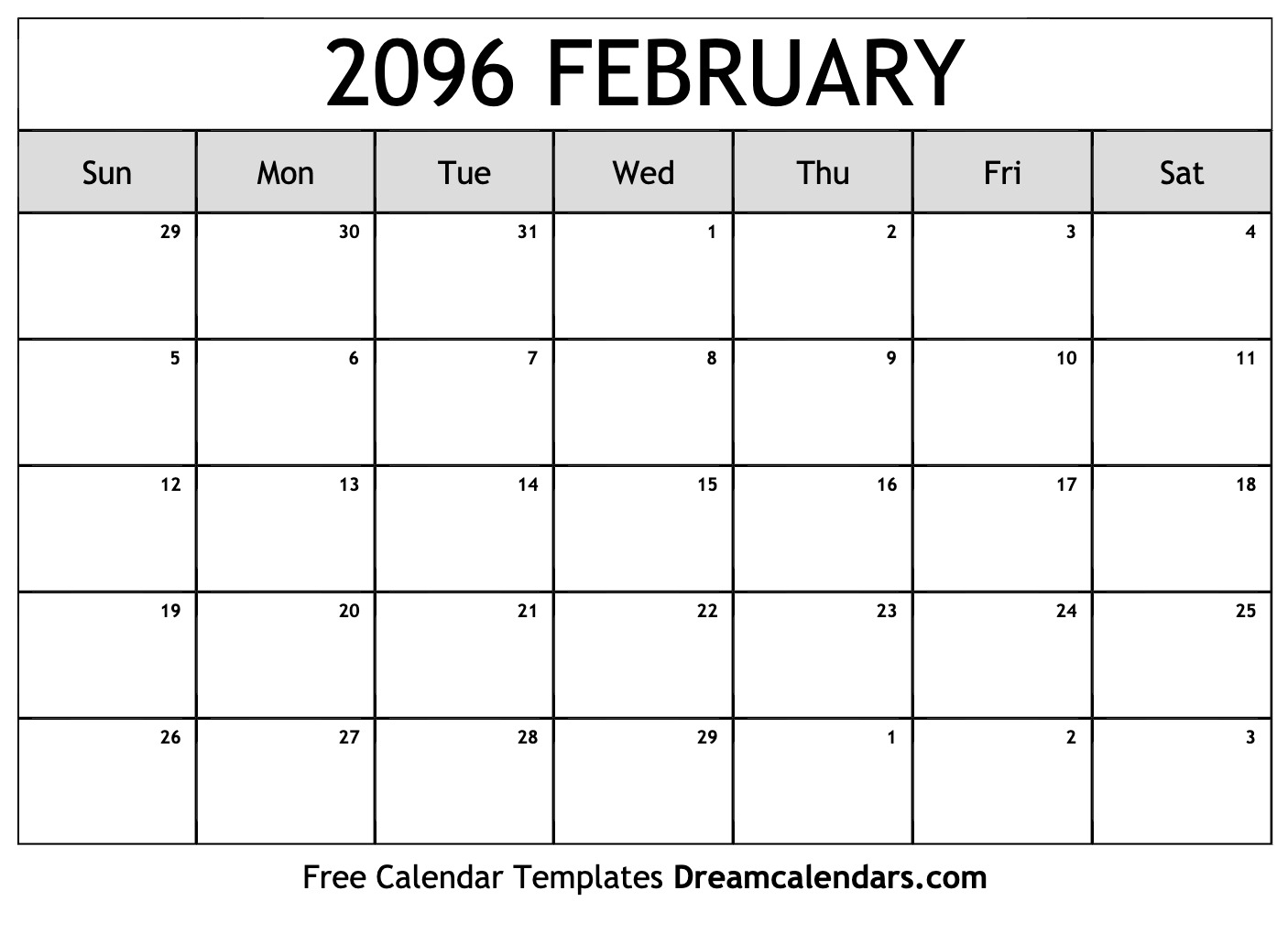 Download Printable February 2096 Calendars