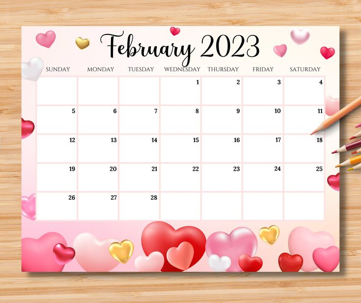 EDITABLE February 2023 Calendar Happy Valentine With Sweet Hearts 