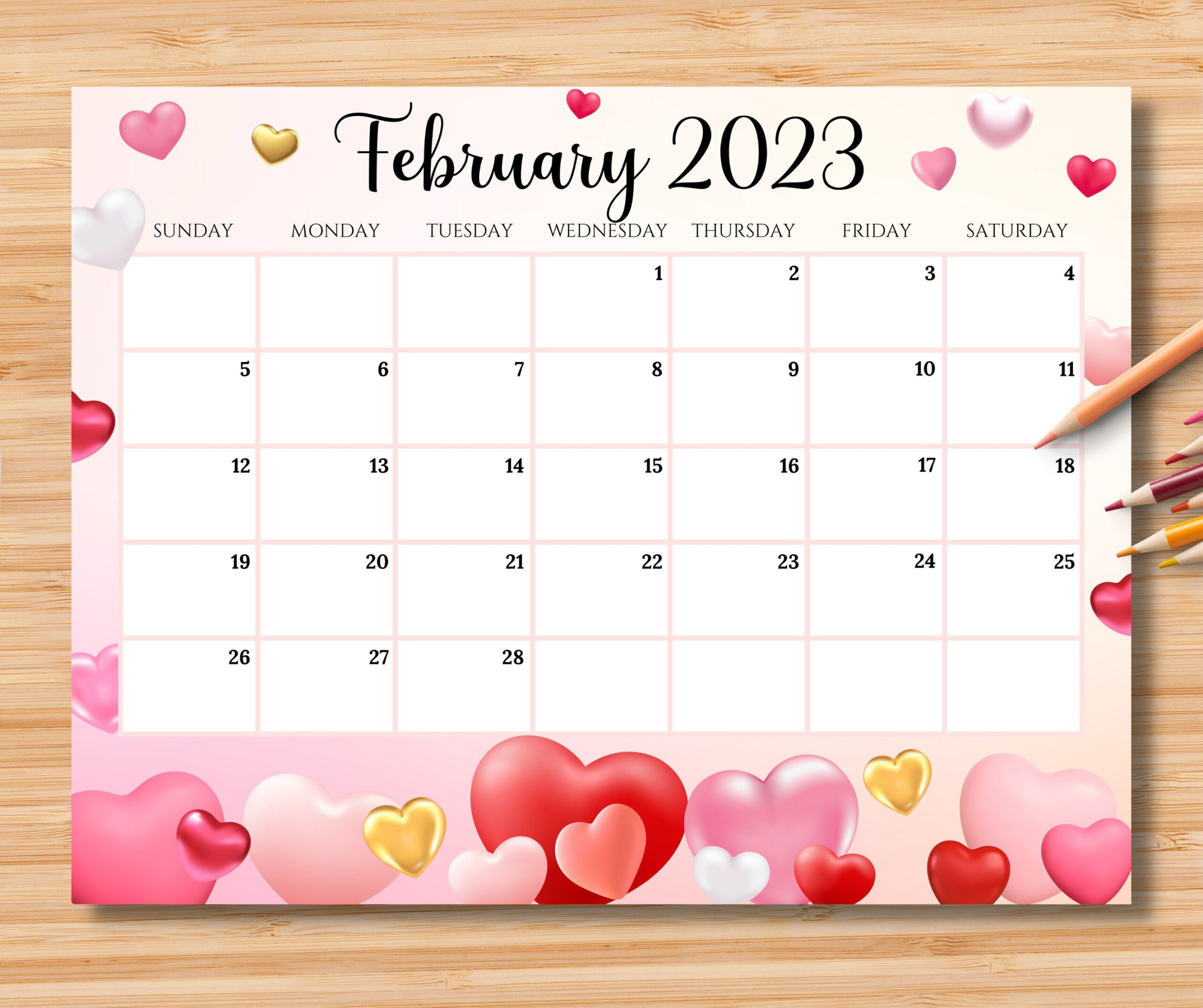 EDITABLE February 2023 Calendar Happy Valentine With Sweet Hearts