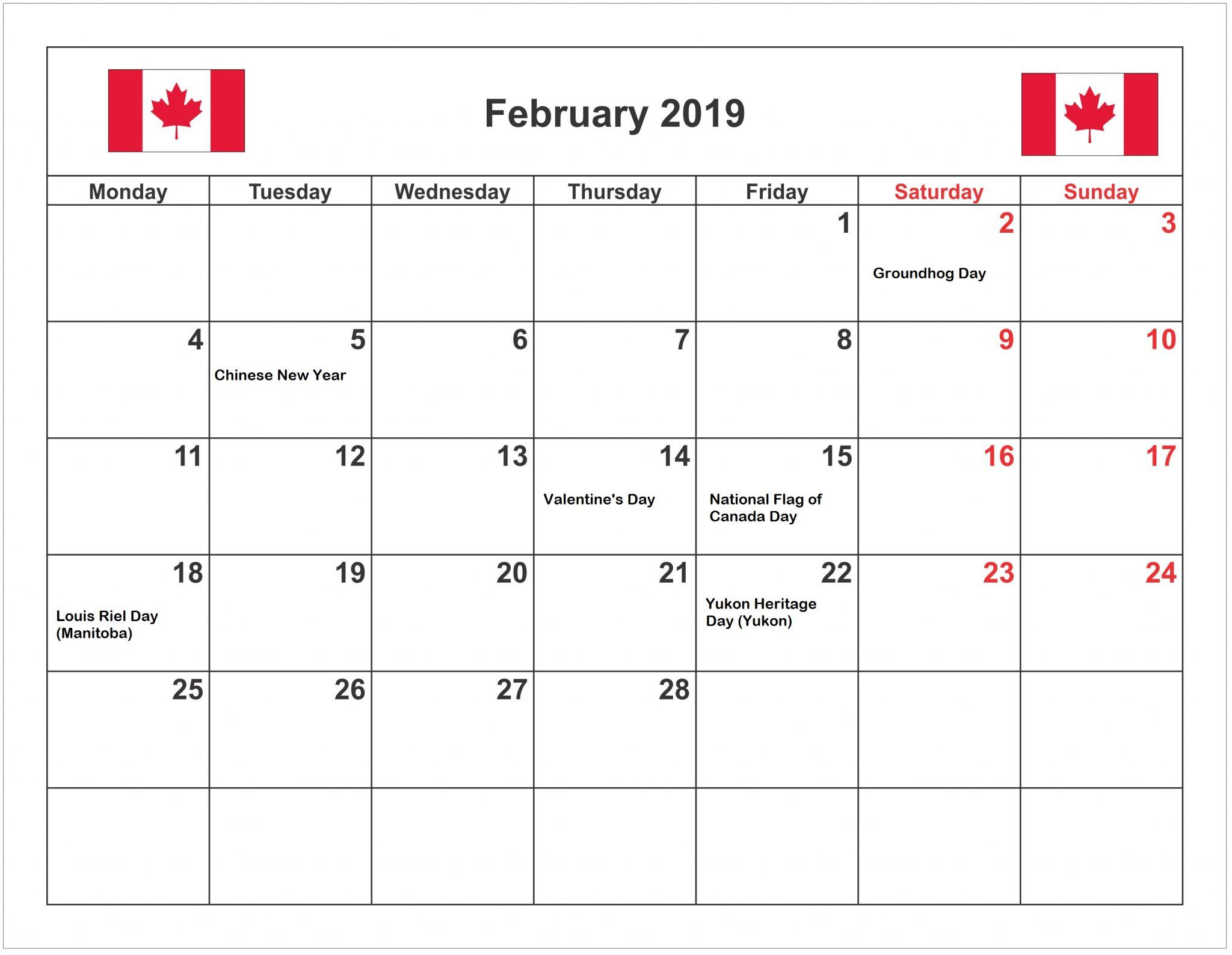 February 2019 Calendar Canada With Holidays February Calendar 2019