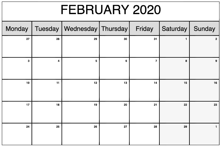 February 2020 Blank Calendar PDF Calendar Printables Monthly 