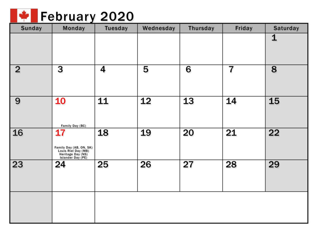 February 2020 Calendar Canada With National Bank And Public Holidays