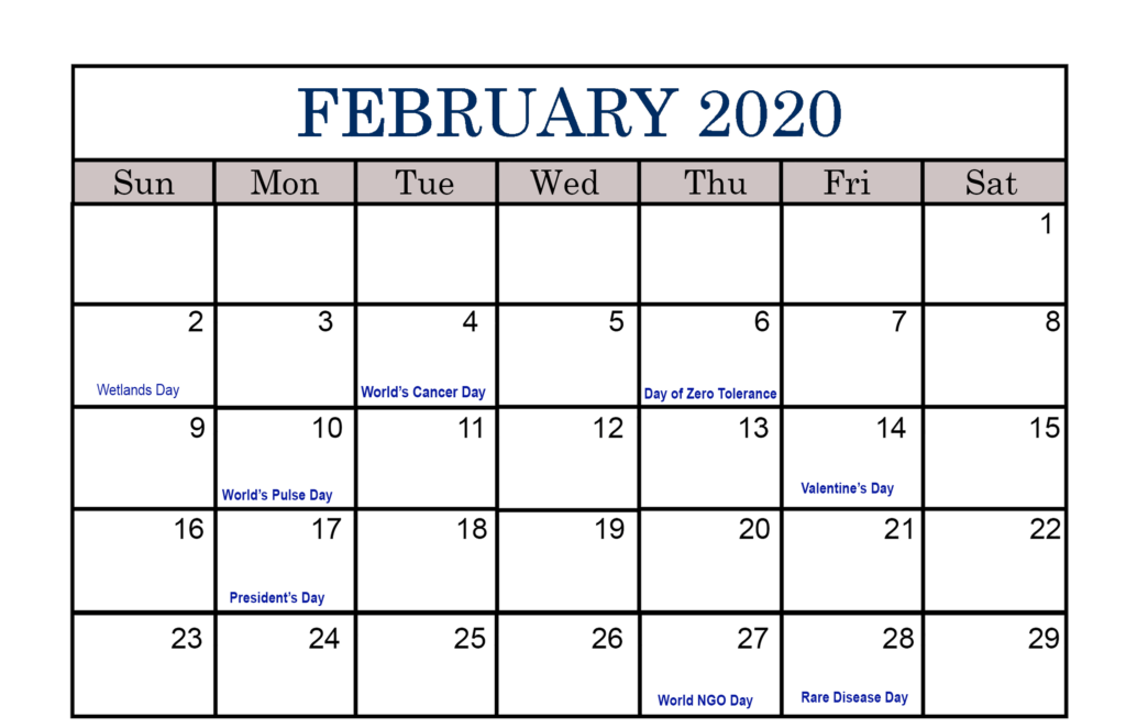 February 2020 Calendar PDF Excel Sheet Free Printable Calendar