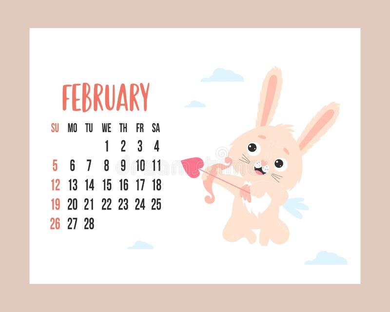 February 2023 Calendar Cute Bunny Winged Cupid Shoots An Arrow With 