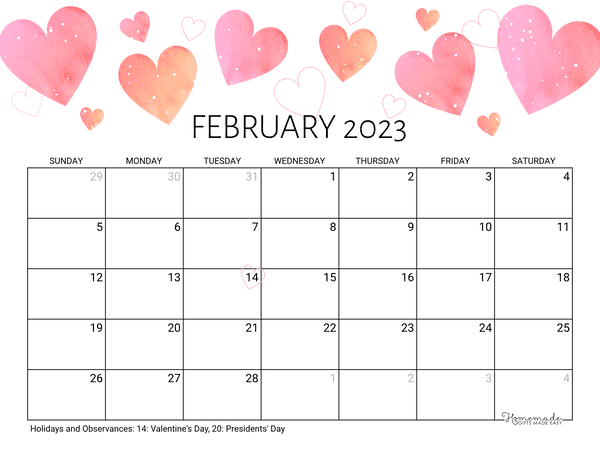 February 2023 Calendar Free Printable With Holidays