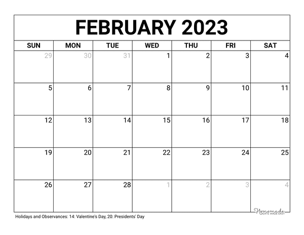 February 2023 Calendar Free Printable With Holidays