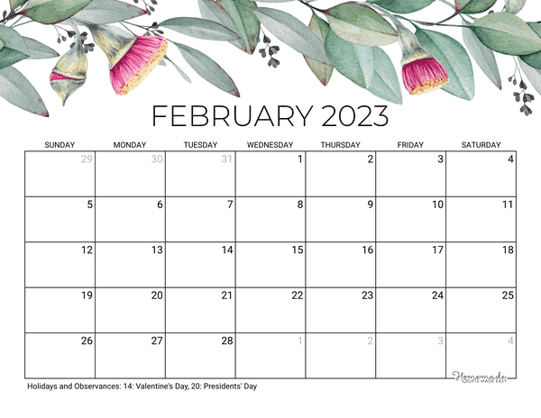 February 2023 Calendar Free Printable With Holidays