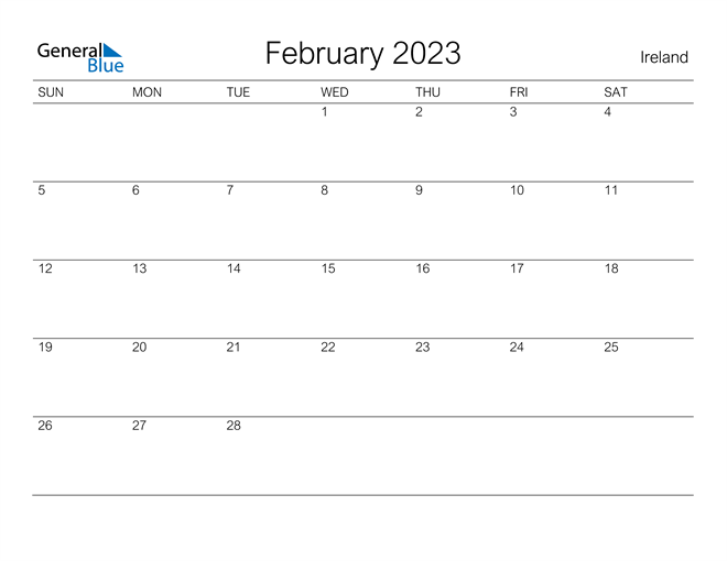 February 2023 Calendar With Ireland Holidays
