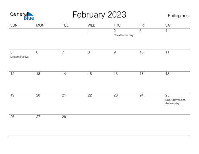 February 2023 Calendar With Philippines Holidays