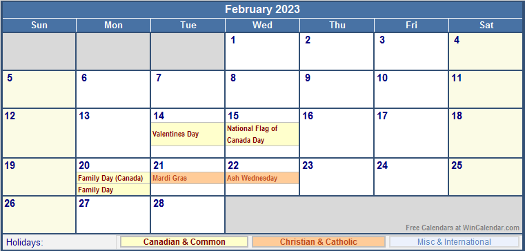 February 2023 Canada Calendar With Holidays For Printing image Format 