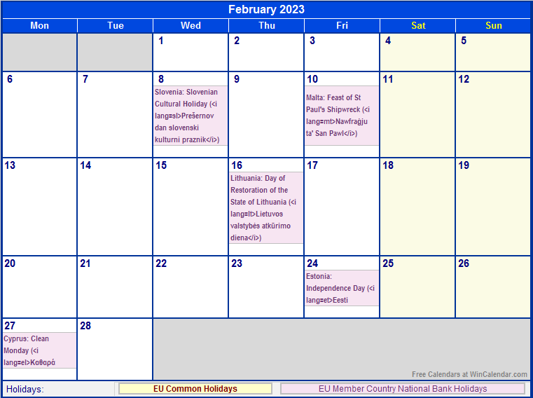 February 2023 EU Calendar With Holidays For Printing image Format 