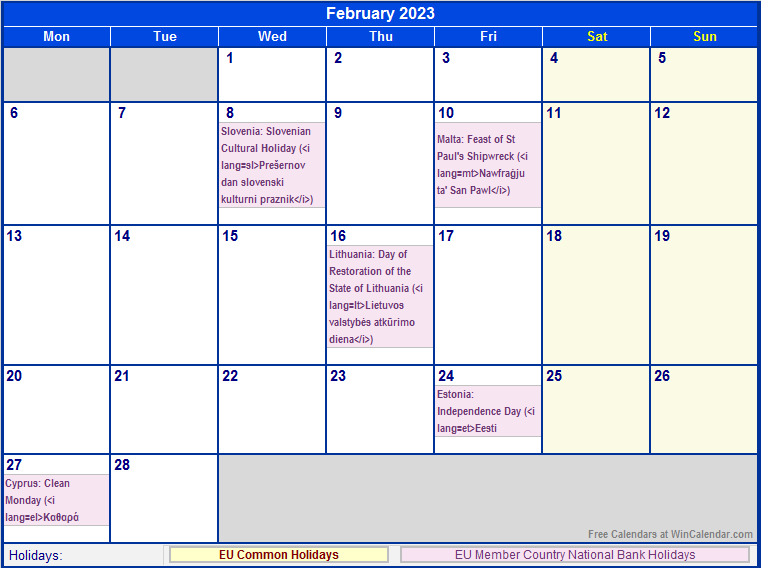 February 2023 EU Calendar With Holidays For Printing image Format