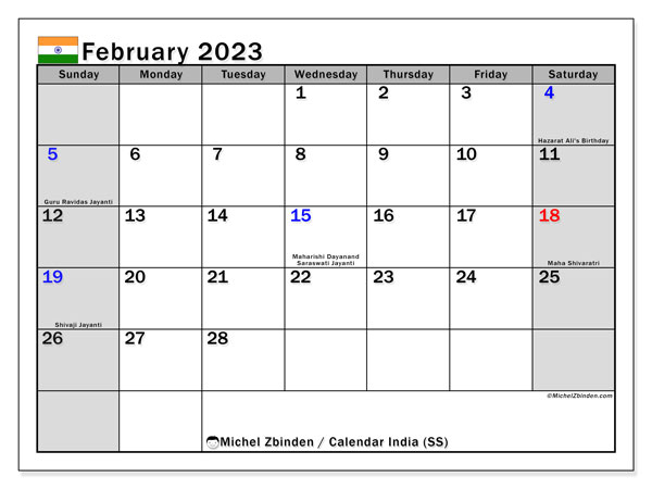 February 2023 Printable Calendar 503SS Michel Zbinden IN
