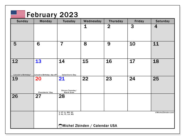 February 2023 Printable Calendar United States Michel Zbinden US
