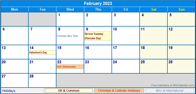 February 2023 UK Calendar With Holidays For Printing image Format 