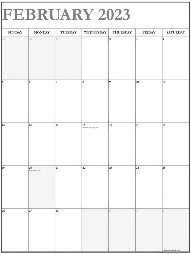 February 2023 Vertical Calendar Portrait