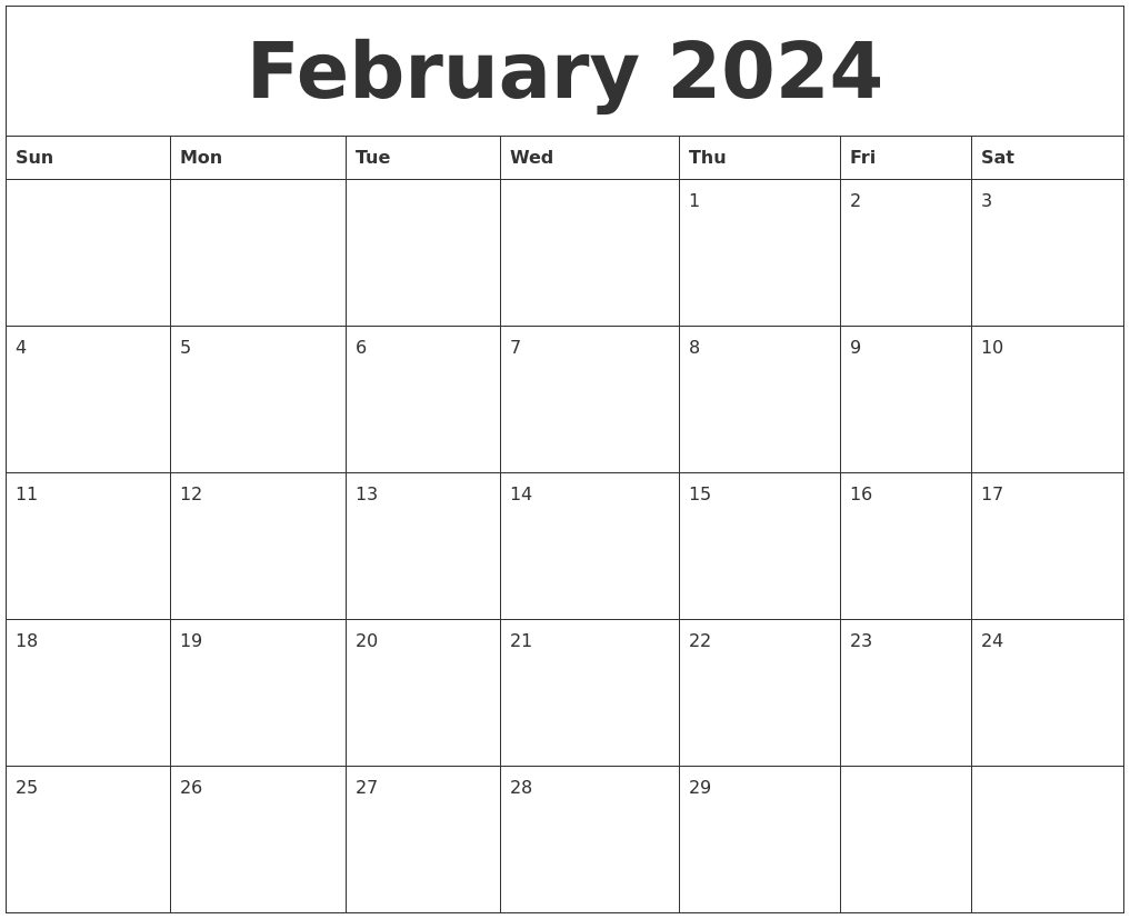 February 2024 Print Monthly Calendar