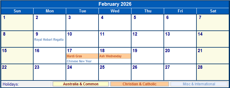 February 2026 Australia Calendar With Holidays For Printing image Format