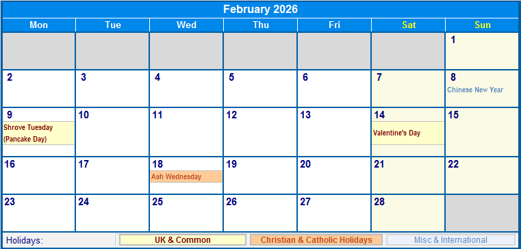 February 2026 UK Calendar With Holidays For Printing image Format 