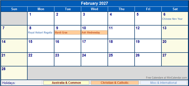 February 2027 Australia Calendar With Holidays For Printing image Format 