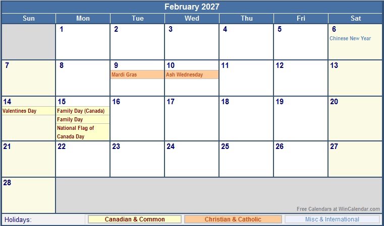 February 2027 Canada Calendar With Holidays For Printing image Format