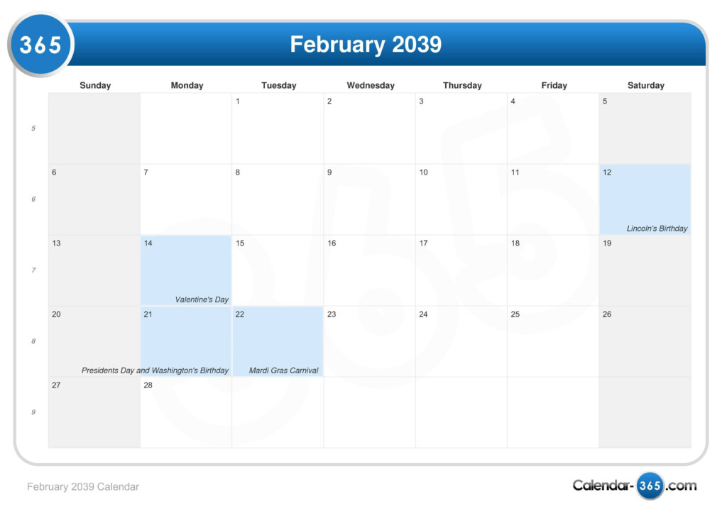 February 2039 Calendar