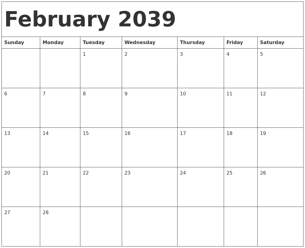 February 2039 Calendar Template