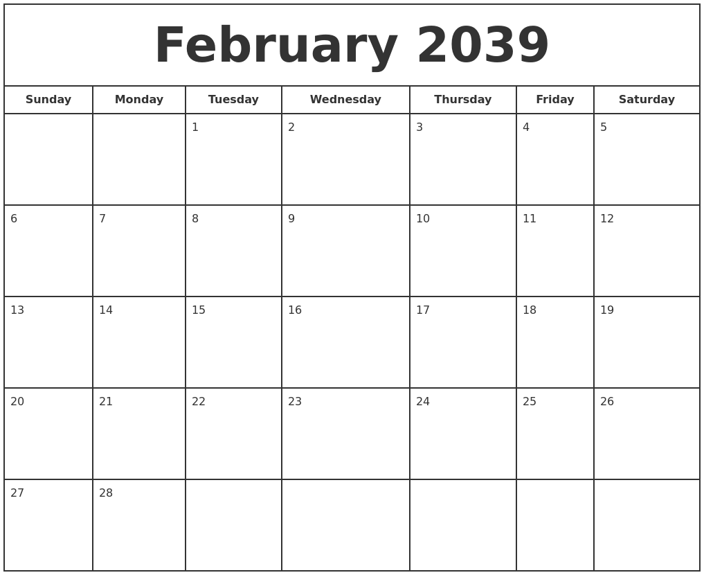 February 2039 Print Free Calendar