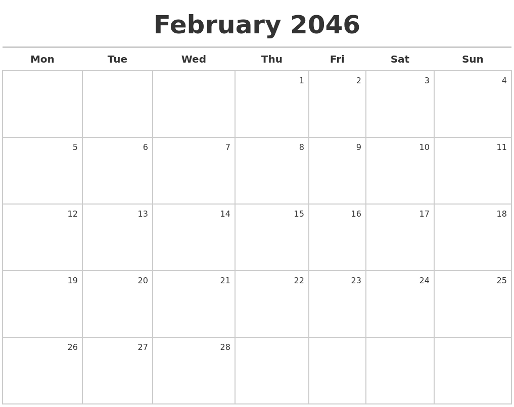 February 2046 Calendar Maker