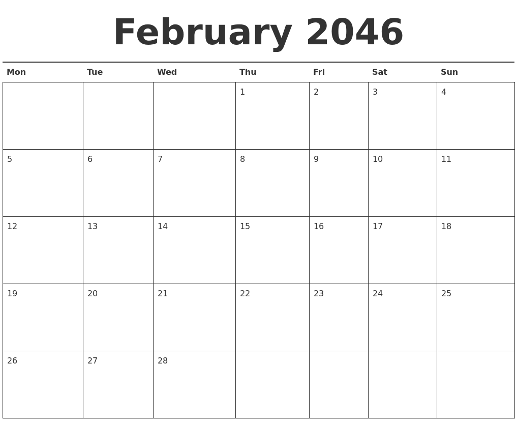 February 2046 Calendar Printable