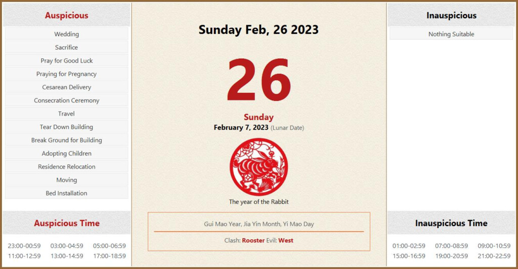 February 26 2023 Almanac Calendar Auspicious Inauspicious Events And 