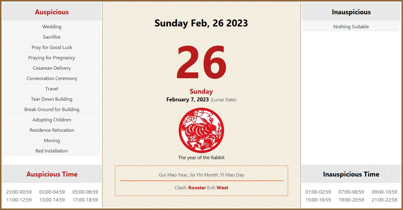 February 26 2023 Almanac Calendar Auspicious Inauspicious Events And