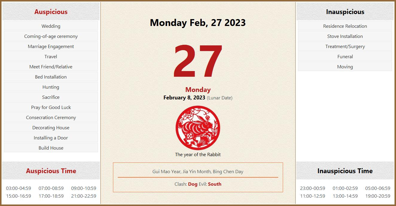 February 27 2023 Almanac Calendar Auspicious Inauspicious Events And