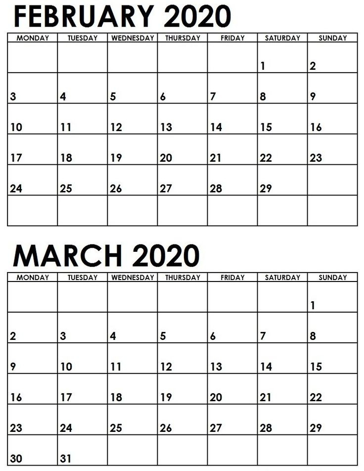 February And March 2020 Calendar Printable Monthly Calendar 12 
