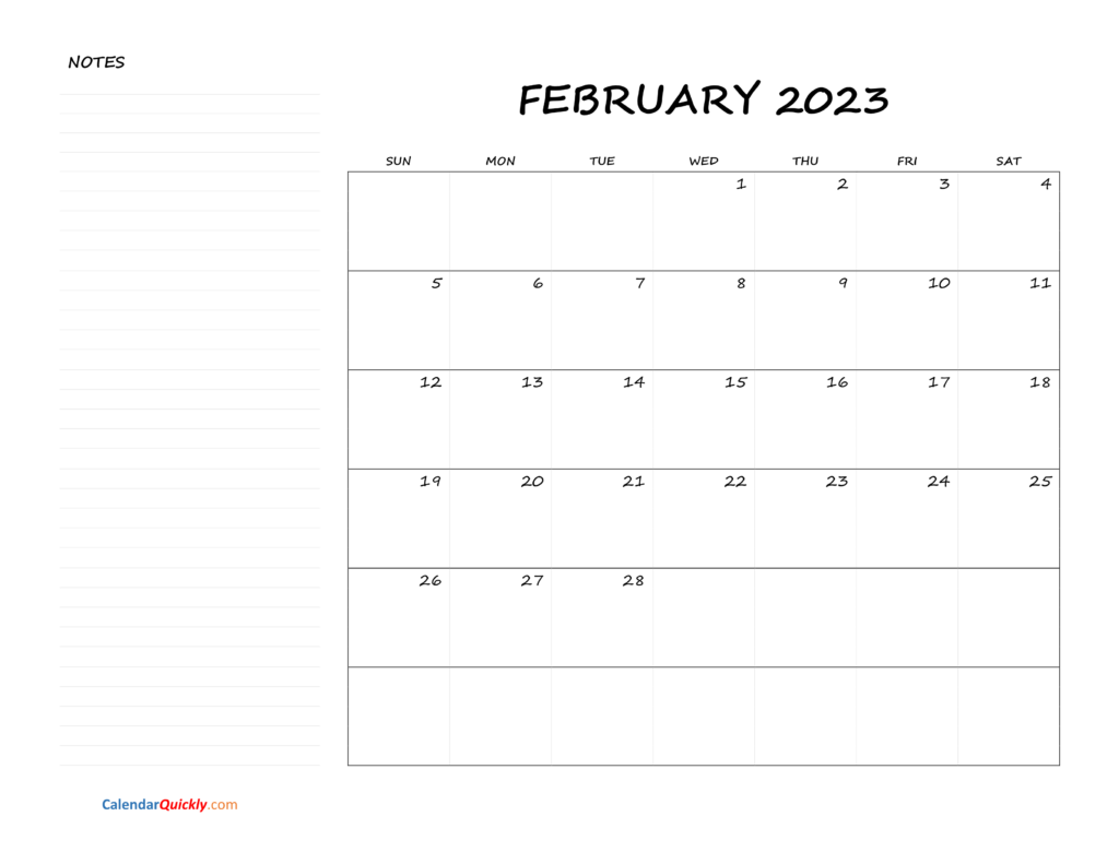 February Blank Calendar 2023 With Notes Calendar Quickly